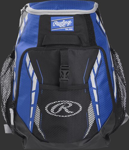 A royal R400 youth players team backpack with a gray Oval R logo on the front pocket