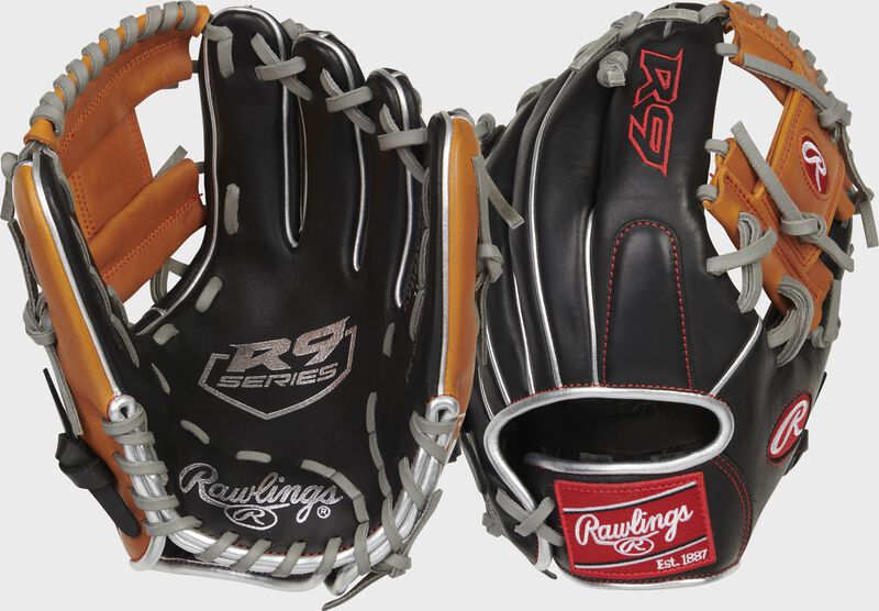 Front & back of a Rawlings R9 ContoUR 11.25" baseball glove - SKU: R9125U-2BT loading=