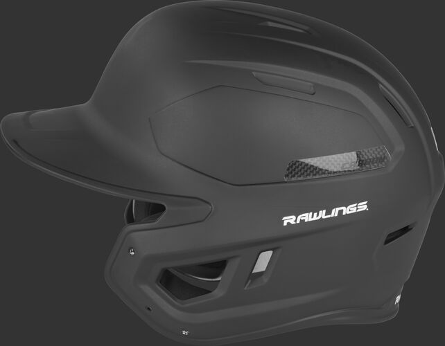 Left side of a CAR07A Rawlings MACH Carbon batting helmet with a black shell and carbon fiber plate insert
