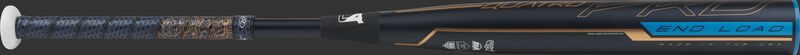 FPPE9 Rawlings end-loaded Quatro Pro fastpitch bat with a navy barrel and navy/rose gold Lizard Skins grip