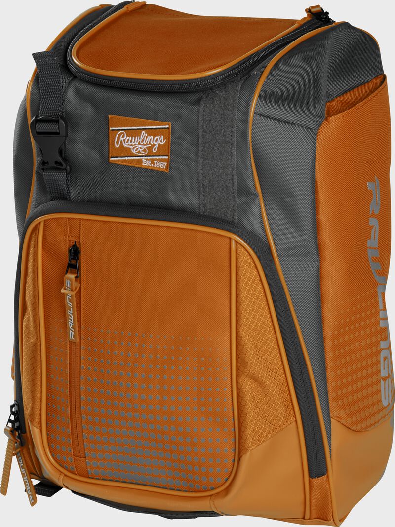Front angle of an orange Franchise backpack with gray accents and orange Rawlings patch logo - SKU: FRANBP-O