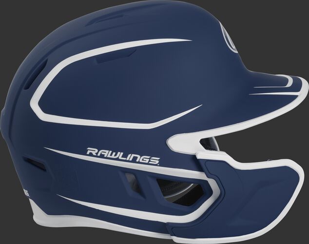 Right side of a two-tone MACHEXTR Rawlings MACH helmet with EXT extension piece for left hand batters