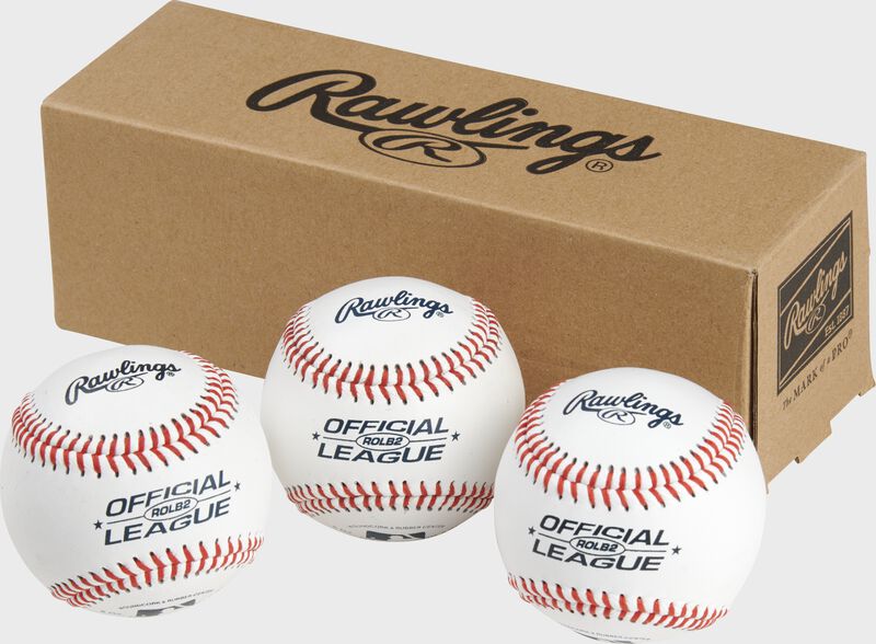 3 Rawlings Official League baseballs in front of a box - SKU: RSGROLB2PK3