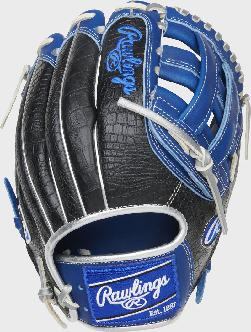 Black croc embossed back of a Heart of the Hide R2G 11.75-Inch H-web glove with a royal Rawlings patch - SKU: PROR205-6RC