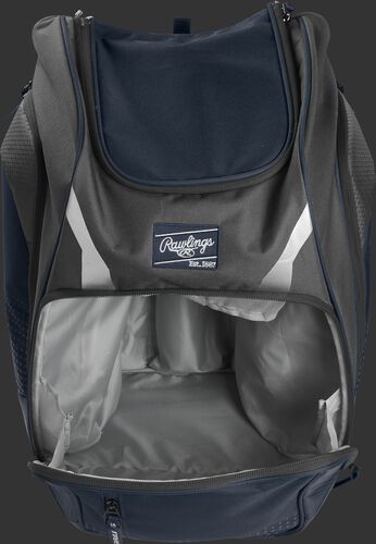 A navy Legion gear backpack with the main compartment open - SKU: LEGION-N