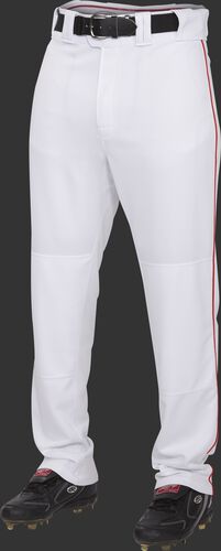 Front of Rawlings White/Scarlet Adult Semi-Relaxed Piped Pant - SKU #PRO150P-BG/DG-90