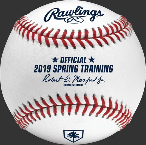 A ROMLBSTFL19 MLB 2019 Florida Spring Training baseball with the Official Ball stamp and league commissioner's signature