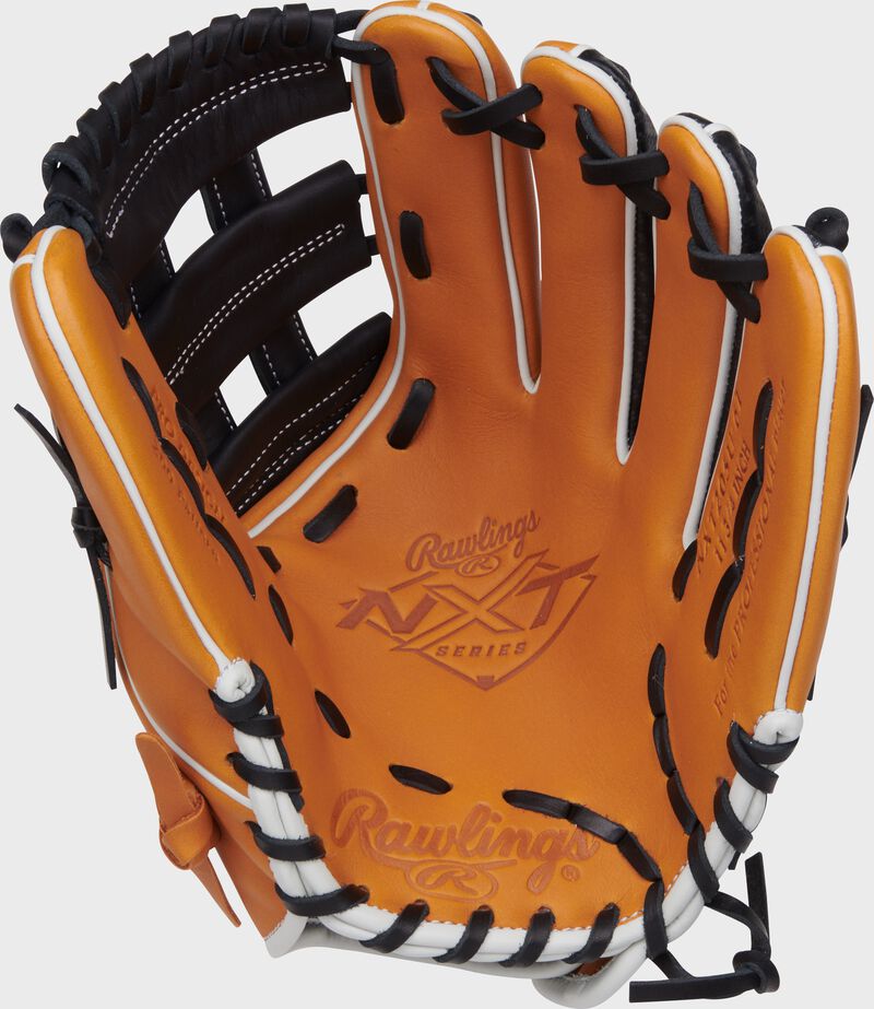 Tan palm of a Rawlings NXT Series infield glove with black laces