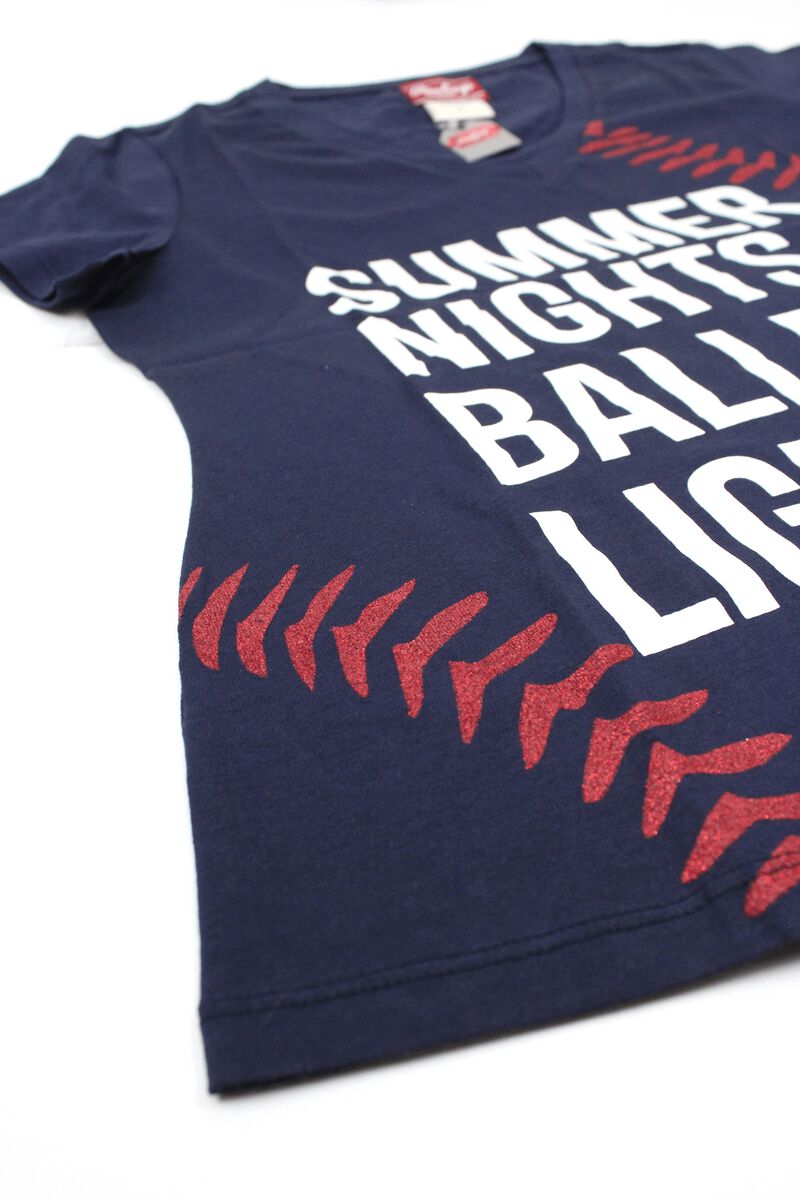 Left Side of Rawlings Women's Summer Nights & Ballpark Lights T-Shirt - SKU #RA30001-400
