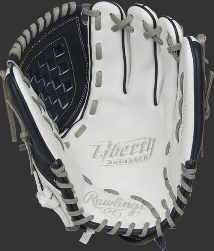 RLA120-3N Rawlings Liberty Advanced Color Series glove with a white palm, navy web and gray laces