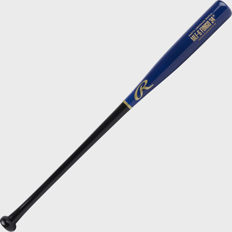 Angled view of a 34" Rawlings Maple fungo bat with a black handle and royal barrel - SKU: MLF5-B-R-3