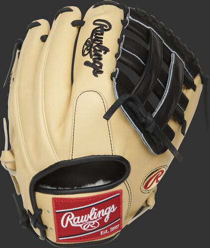 Camel back of a Brandon Crawford Pro Preferred glove with a red Rawlings patch - SKU: PROS204-BC35