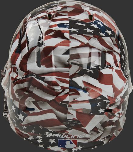 Back of a MACHEXTR-USA Rawlings Mach EXT helmet with an American flag hydro dipped design