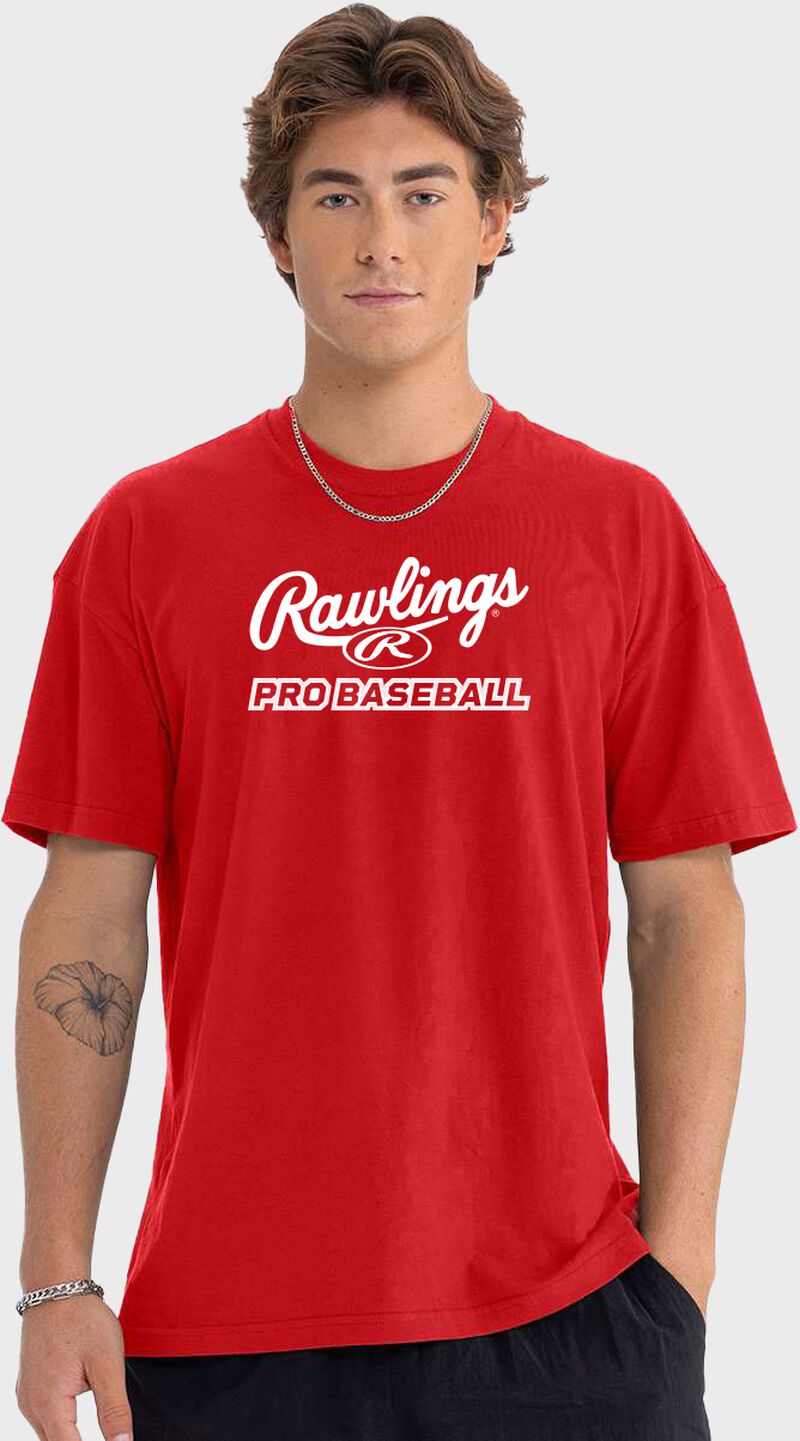 Picture of a guy wearing a red Rawlings Pro Baseball t-shirt