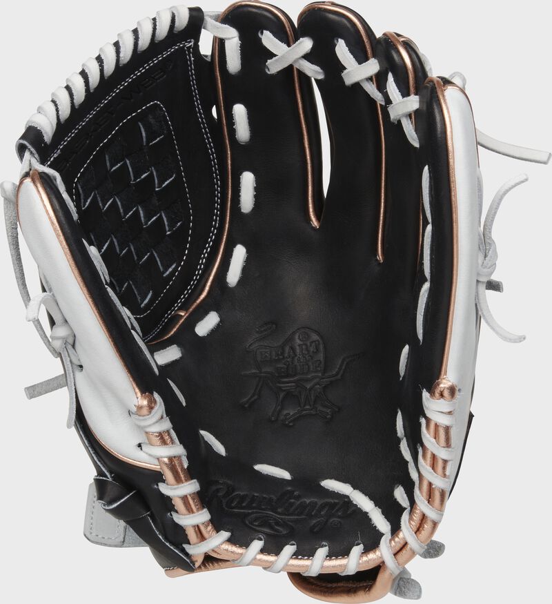 Black palm of a Rawlings HOH softball glove with a black web and white laces - SKU: PRO120SB-3BRG