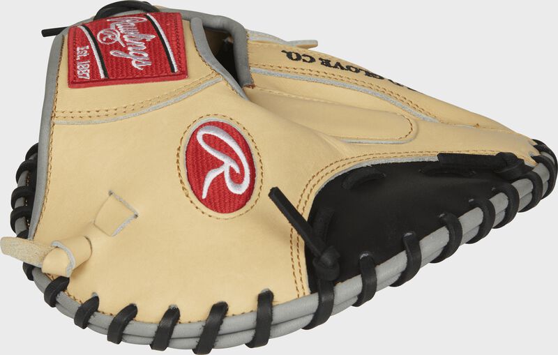 Web back view of camel and black Heart of the Hide 28-in Francisco Lindor Training Mitt