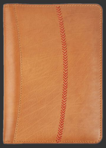 Front of Rawlings Tan Baseball Stitch Tablet Case With Red Baseball Stitch SKU #MW495-204