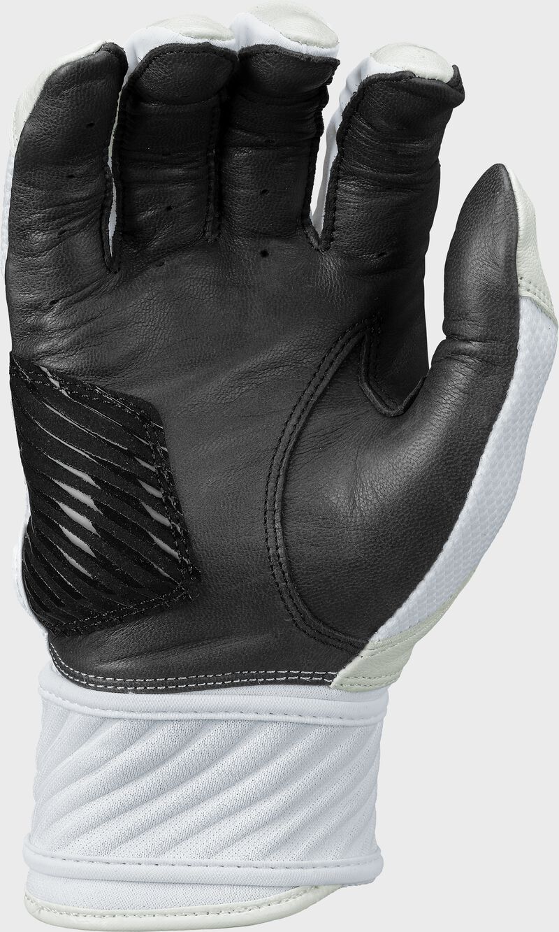 Charcoal palm of a white Women's Workhorse OKC compression strap fastpitch batting glove