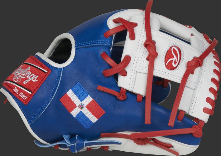 A royal/white PRO204W-2DR HOH Dominican Republic infield glove with a white I-web and DR flag on the thumb