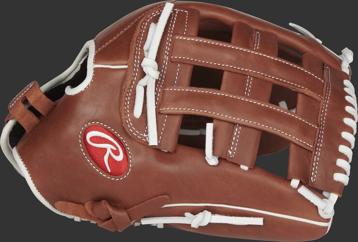 Thumb view of a brown R9SB130-6DB R9 Series 13-inch fastpitch glove with a brown H web