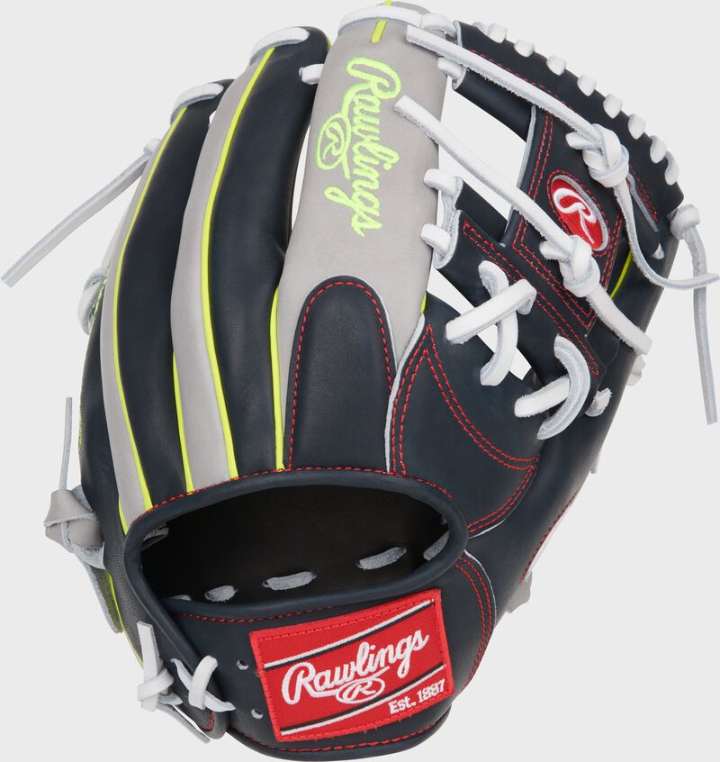 Navy/gray back of a Xander Bogaerts HOH I-web glove with a red Rawlings patch