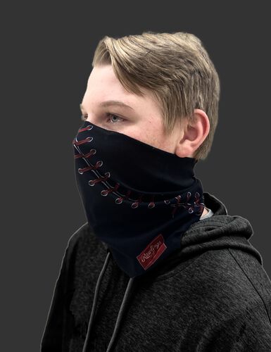 Side view of a kid wearing a black youth multi-functional head and face gear cover with it covering his mouth/nose - SKU: YRC40001-001