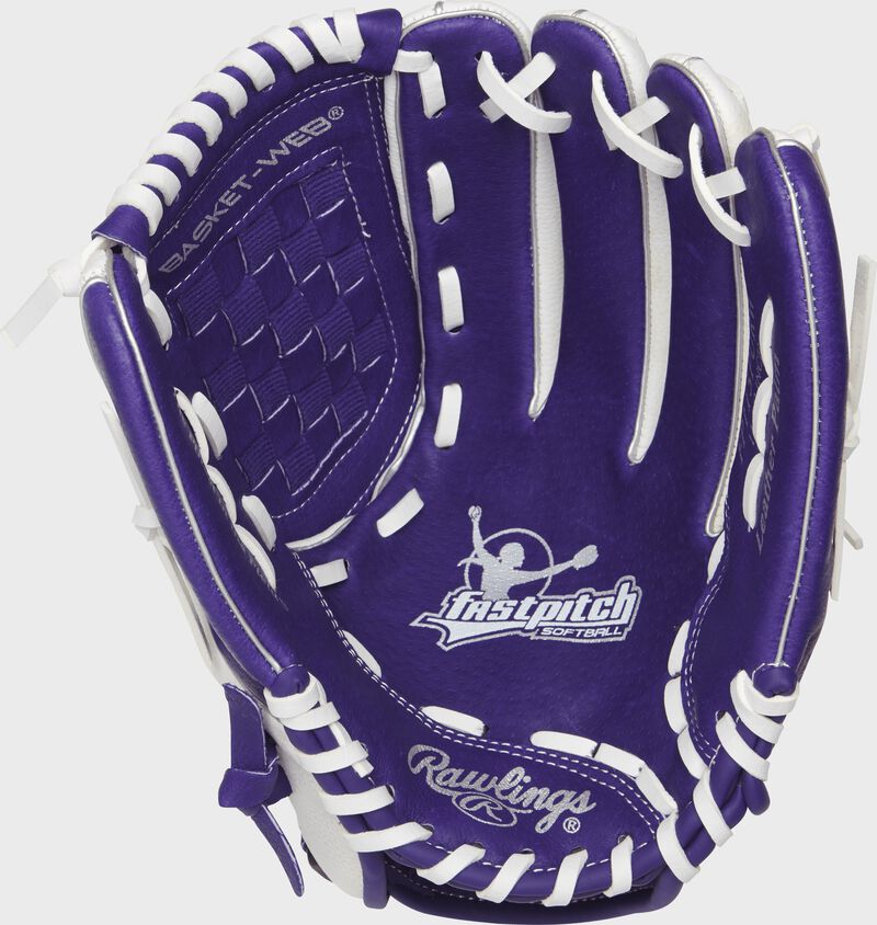 Purple palm of a Rawlings fastpitch softball glove with white stamping and white laces - SKU: ACAFP115PURW