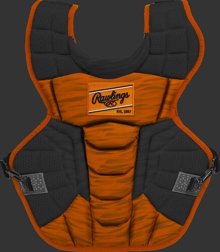 An orange/black CPV2N Rawlings Velo 2.0 adult chest protector with a striped pattern