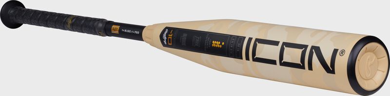 Angled view of a Rawlings Icon 2025 USA Baseball bat with the Icon logo on the barrel