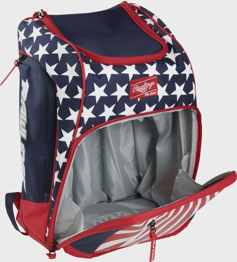 Angled view of open red, white, and blue Rawlings Legion Backpack - SKU: LEGION