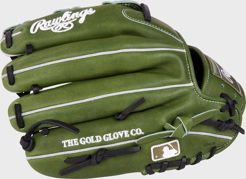Military green back of a 12.25" Heart of the Hide glove with the MLB logo on the pinky - SKU: PROKB17MG