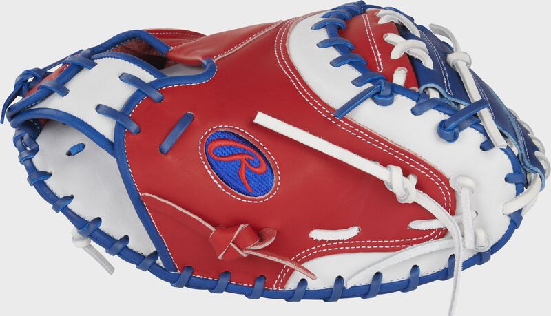 Thumb of a sarlet/white Heart of the Hide R2G 34" catcher's mitt with a royal Oval-R - SKU: RSGPRORYM4SW