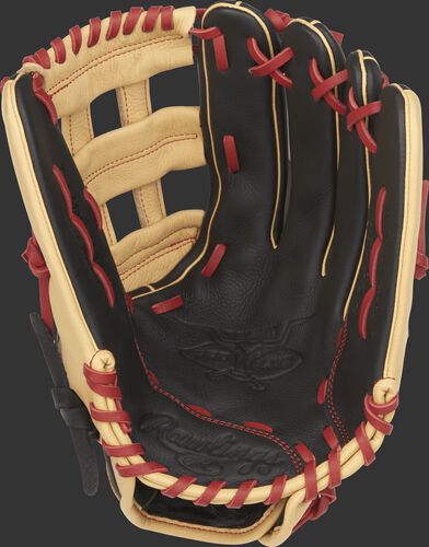 SPL120BH Rawlings Bryce Harper Select Pro Lite outfield glove with a black palm and scarlet laces