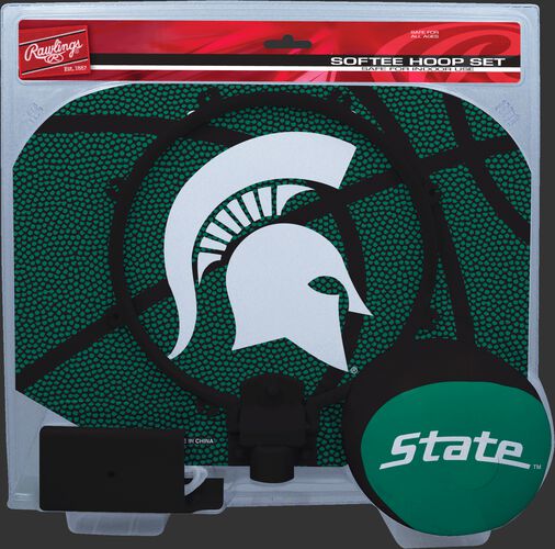A green NCAA Michigan State Spartans hoop set with a green/black ball and team logo printed on the backboard SKU #04843038114