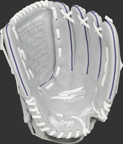 SCSB125PU Rawlings Sure Catch Softball youth glove with a grey glove and white laces