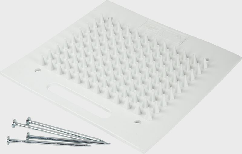 A white stake down cleat cleaner mat with anchor stakes - SKU: RSDCCM