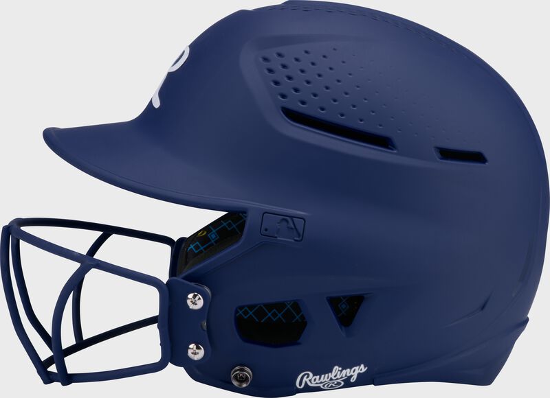 Left side of a navy Rawlings RX2 fastpitch batting helmet loading=