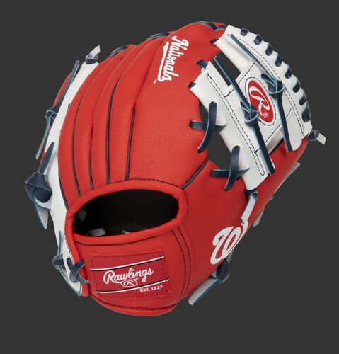 Back of a red/white Washington Nationals 10-inch youth I-web glove with a red Rawlings patch - SKU: 22000031111