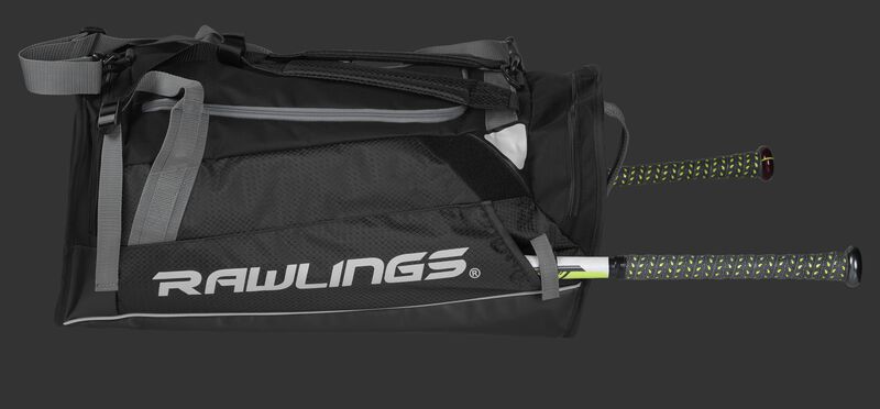 Side view of a black R601 Hybrid backpack with a bat in the side sleeve
