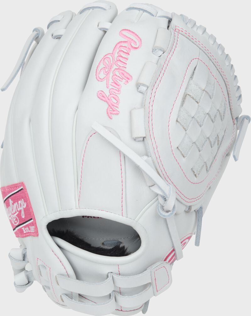 Back of a white/pink Liberty Advanced 11.5-inch Fastpitch Softball Glove