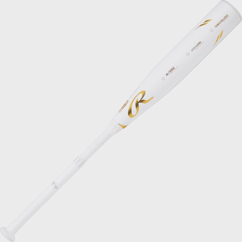 A full view of a white Icon -10 USSSA baseball bat shown bottom left to top right - SKU: RUT4I10