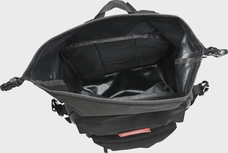 Top view of a black Rawlings CEO coach's bag with the extra storage compartment opened up - SKU: CEOBP-B