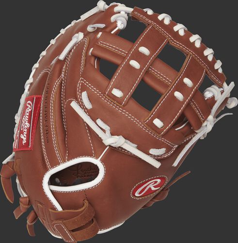 R9SBCM33-24DB 33-inch R9 Series softball catcher's mitt with a brown back and Pull-Strap back design