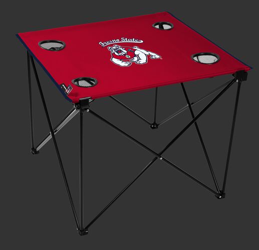 A red NCAA Fresno State Bulldogs deluxe tailgate table with four cup holders and team logo printed in the middle SKU #00713143111