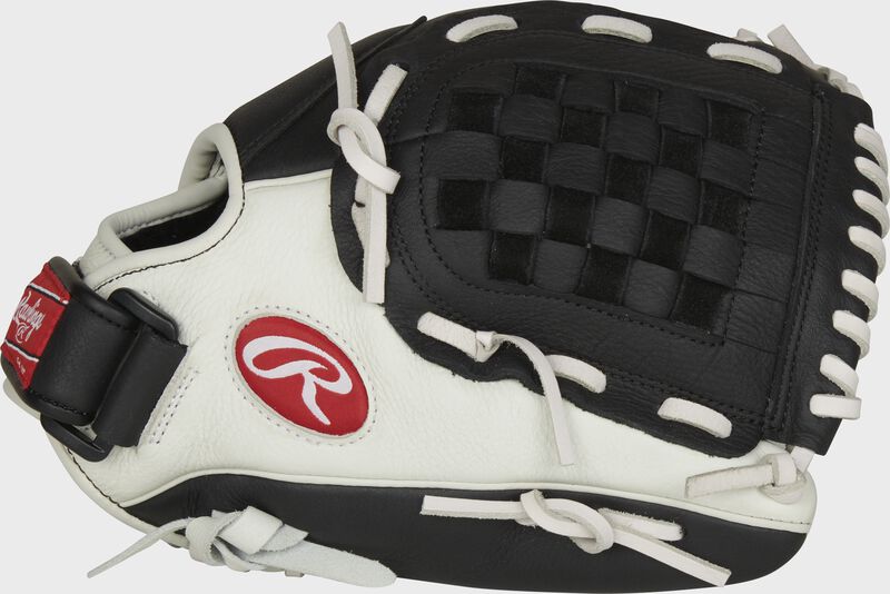 White thumb of a Shut Out 11.5" infield/pitcher's glove with a black Basket web loading=