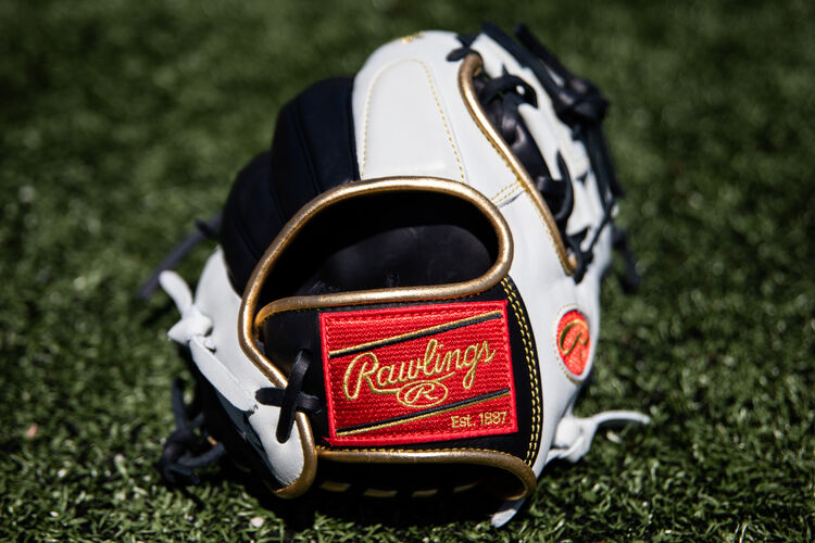 Red Rawlings patch on a Rawlings Encore infield glove sitting on a field - SKU: EC1150-2BW