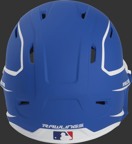 Back of a MACHEXTR high performance senior MACH helmet with a matte royal/white shell and Official Batting Helmet of MLB logo