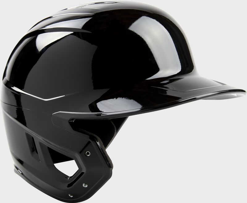 Front angle of a black Mach single ear left handed batting helmet - SKU: MES01A-LHB