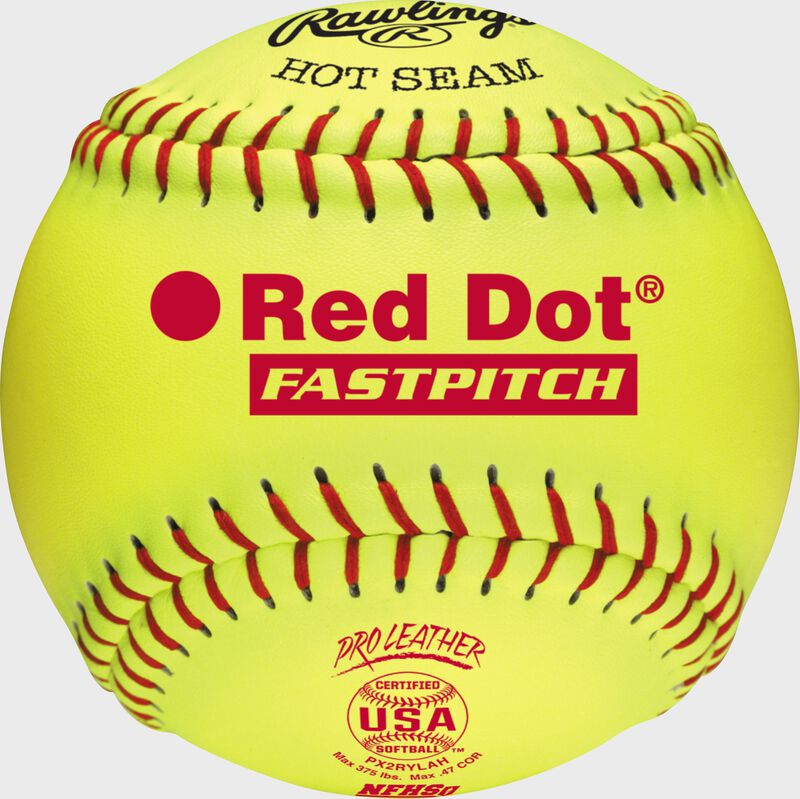 A yellow PX2RYLAH 12-inch USA NFHS official Red Dot softball with red stitching