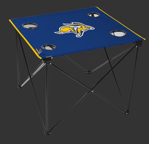 A blue NCAA South Dakota State Jackrabbits deluxe tailgate table with four cup holders and team logo printed in the middle SKU #00711325111